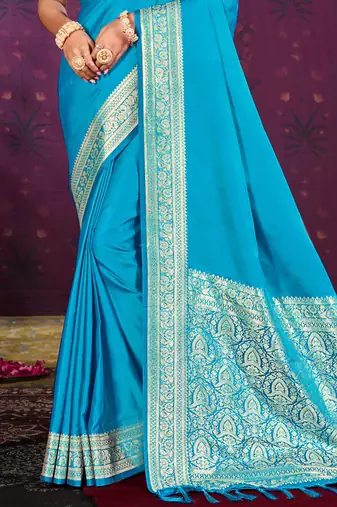 sky blue silk blend woven work traditional saree