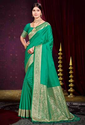 emerald green silk blend woven work traditional saree 1