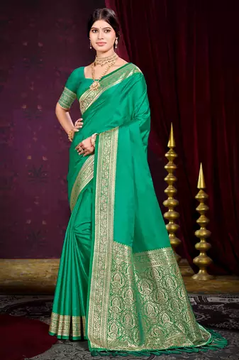 emerald green silk blend woven work traditional saree