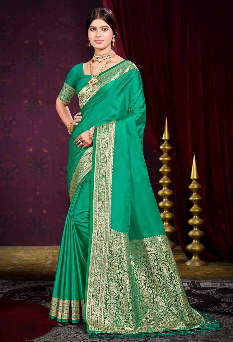 emerald green silk blend woven work traditional saree