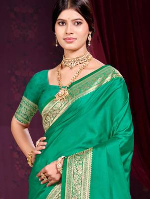 emerald green silk blend woven work traditional saree 2
