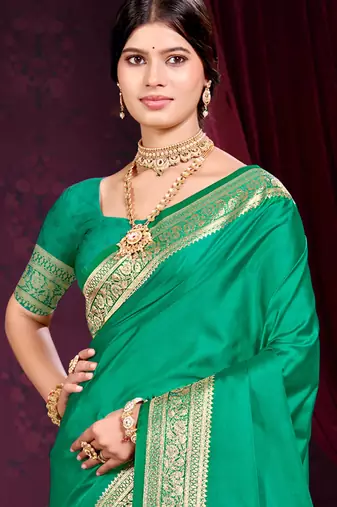 emerald green silk blend woven work traditional saree