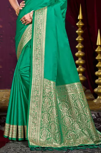 emerald green silk blend woven work traditional saree