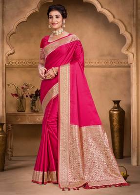 ruby pink silk blend woven work traditional saree 1