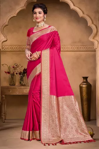 ruby pink silk blend woven work traditional saree