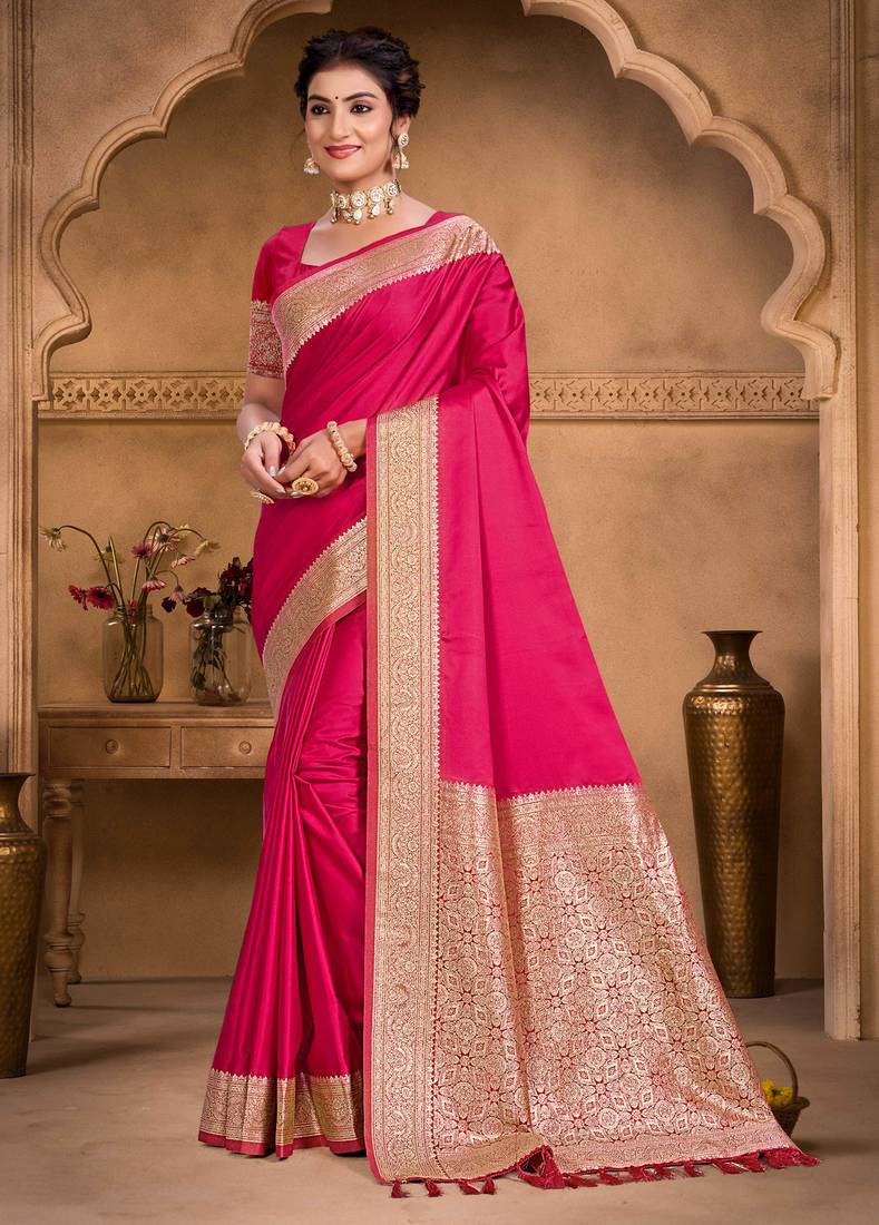ruby pink silk blend woven work traditional saree