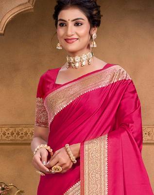 ruby pink silk blend woven work traditional saree 2