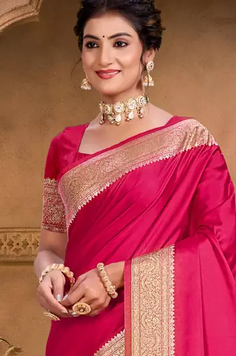 ruby pink silk blend woven work traditional saree