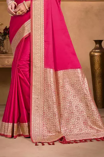 ruby pink silk blend woven work traditional saree