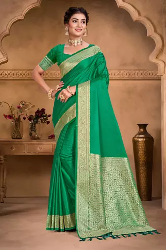 emerald green silk blend woven work traditional saree