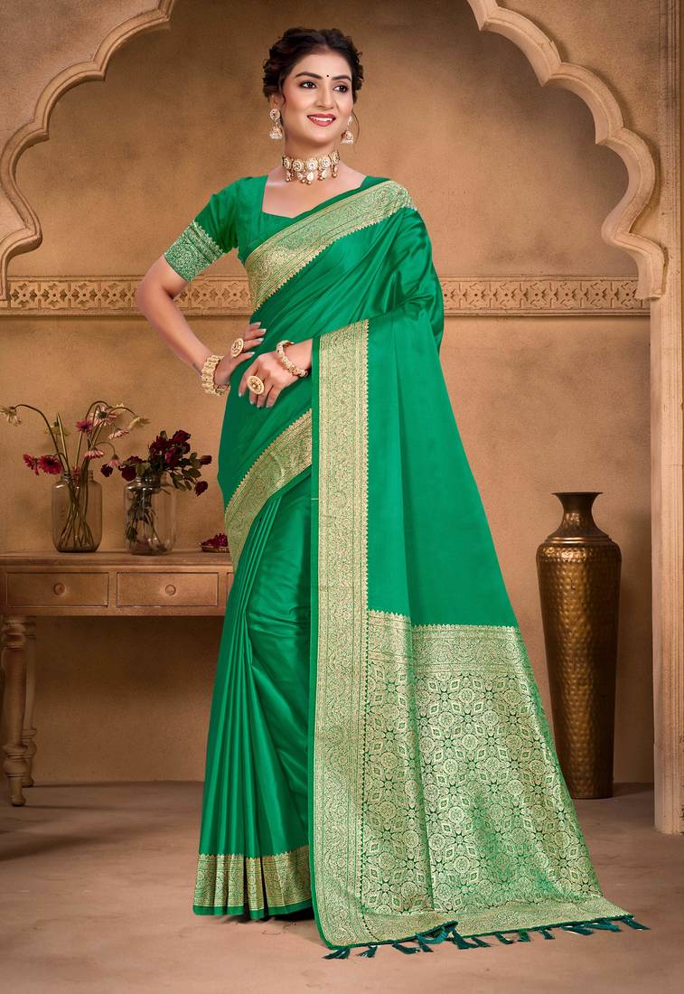 emerald green silk blend woven work traditional saree
