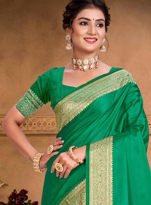 emerald green silk blend woven work traditional saree 2