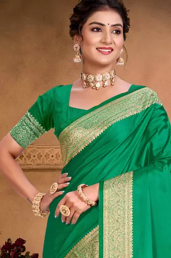 emerald green silk blend woven work traditional saree