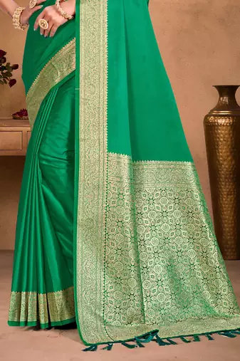emerald green silk blend woven work traditional saree
