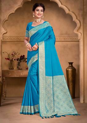 sky blue silk blend woven work traditional saree 1