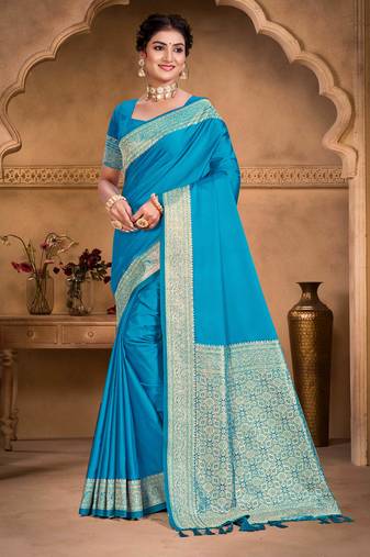 sky blue silk blend woven work traditional saree