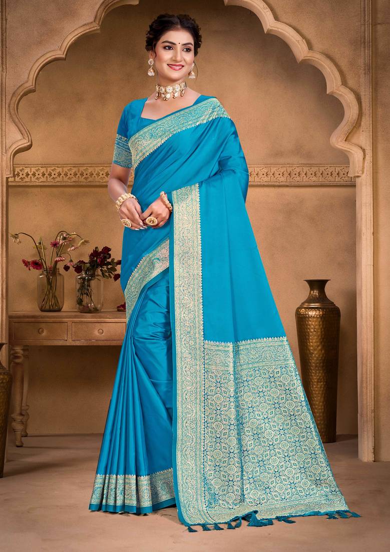 sky blue silk blend woven work traditional saree