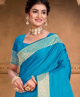 sky blue silk blend woven work traditional saree 2
