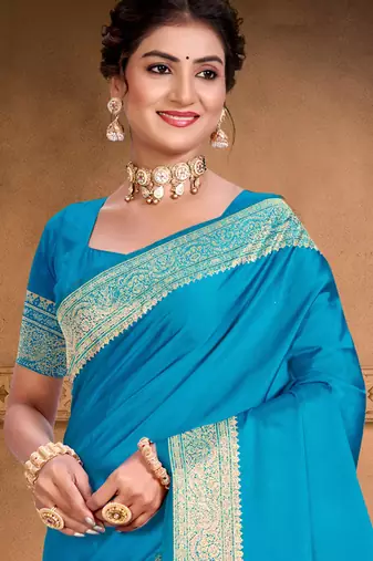 sky blue silk blend woven work traditional saree