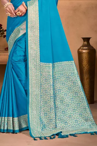 sky blue silk blend woven work traditional saree