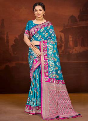 teal blue satin silk blend woven work traditional saree 1