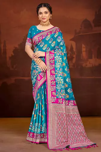 teal blue satin silk blend woven work traditional saree