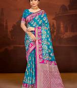teal blue satin silk blend woven work traditional saree