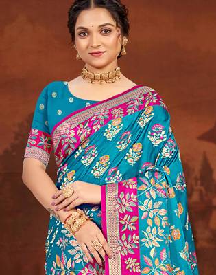 teal blue satin silk blend woven work traditional saree 2