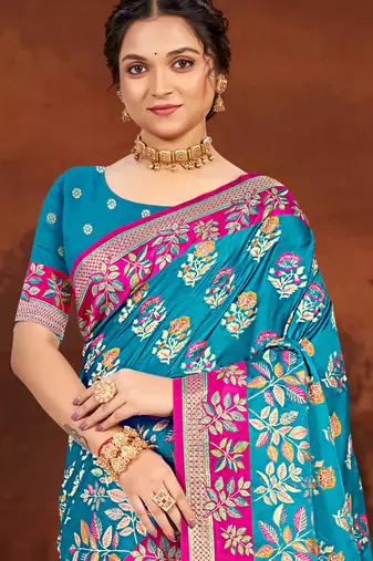 teal blue satin silk blend woven work traditional saree