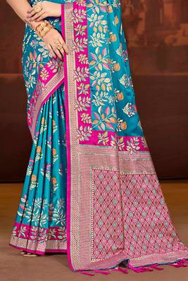 teal blue satin silk blend woven work traditional saree 3
