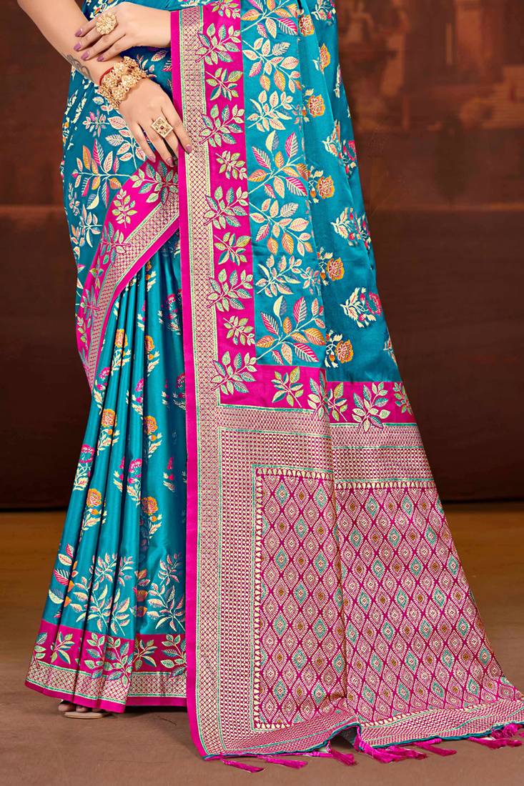 teal blue satin silk blend woven work traditional saree