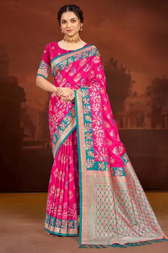 rani pink satin silk blend woven work traditional saree