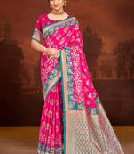 rani pink satin silk blend woven work traditional saree