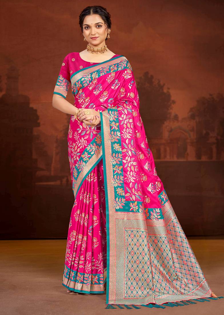 rani pink satin silk blend woven work traditional saree