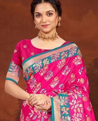 rani pink satin silk blend woven work traditional saree 2