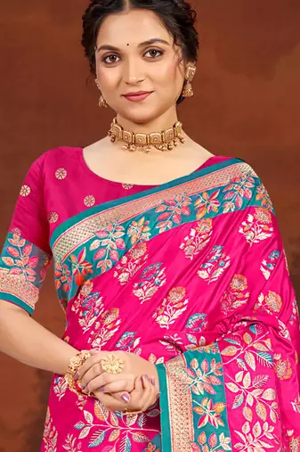 rani pink satin silk blend woven work traditional saree