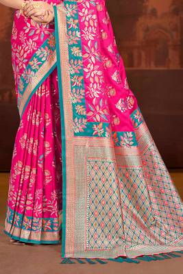 rani pink satin silk blend woven work traditional saree 3
