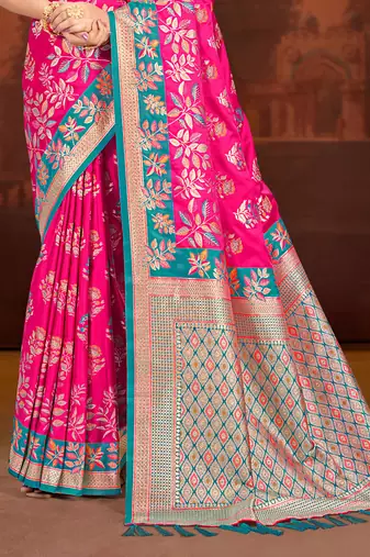 rani pink satin silk blend woven work traditional saree