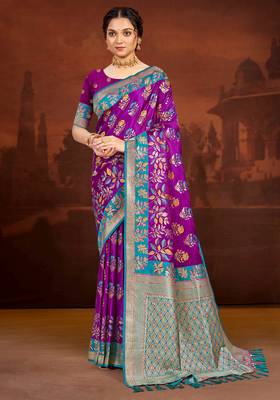 royal purple satin silk blend woven work traditional saree 1