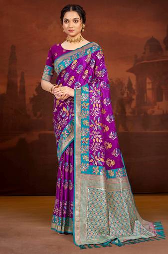 royal purple satin silk blend woven work traditional saree