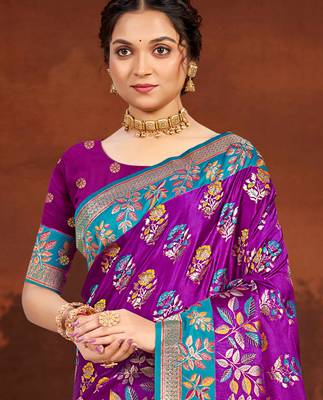 royal purple satin silk blend woven work traditional saree 2