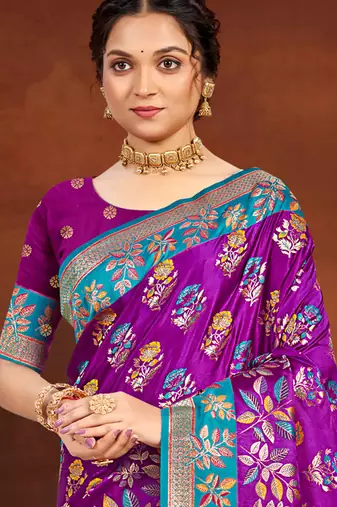royal purple satin silk blend woven work traditional saree