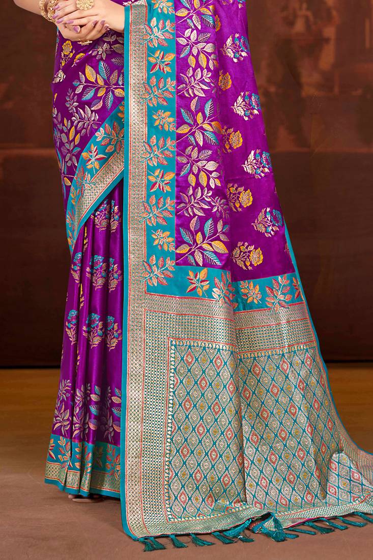 royal purple satin silk blend woven work traditional saree