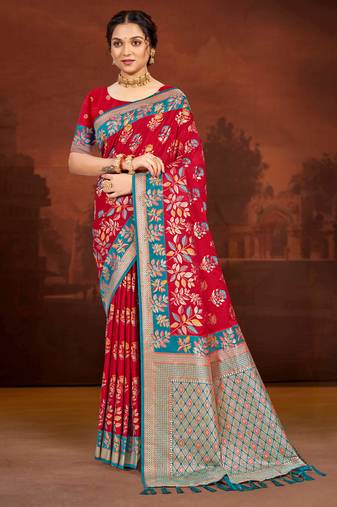 crimson red satin silk blend woven work traditional saree