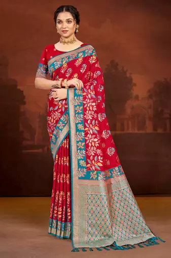 crimson red satin silk blend woven work traditional saree