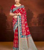 crimson red satin silk blend woven work traditional saree