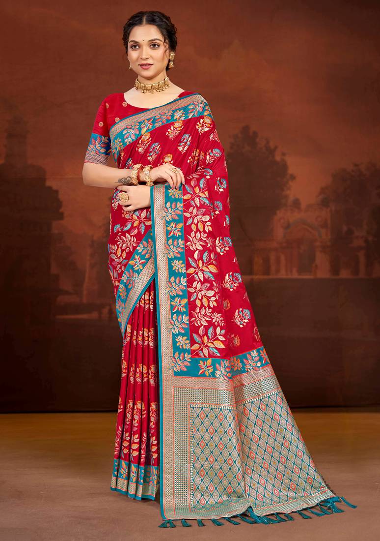crimson red satin silk blend woven work traditional saree