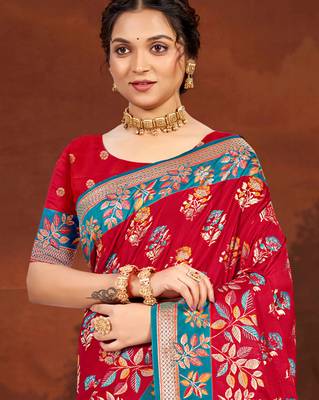 crimson red satin silk blend woven work traditional saree 2