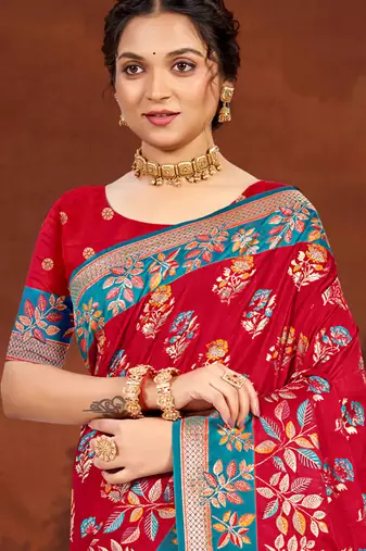 crimson red satin silk blend woven work traditional saree