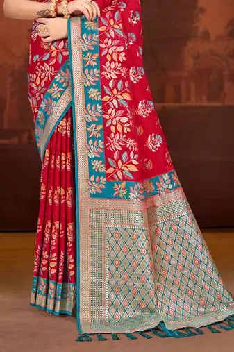 crimson red satin silk blend woven work traditional saree